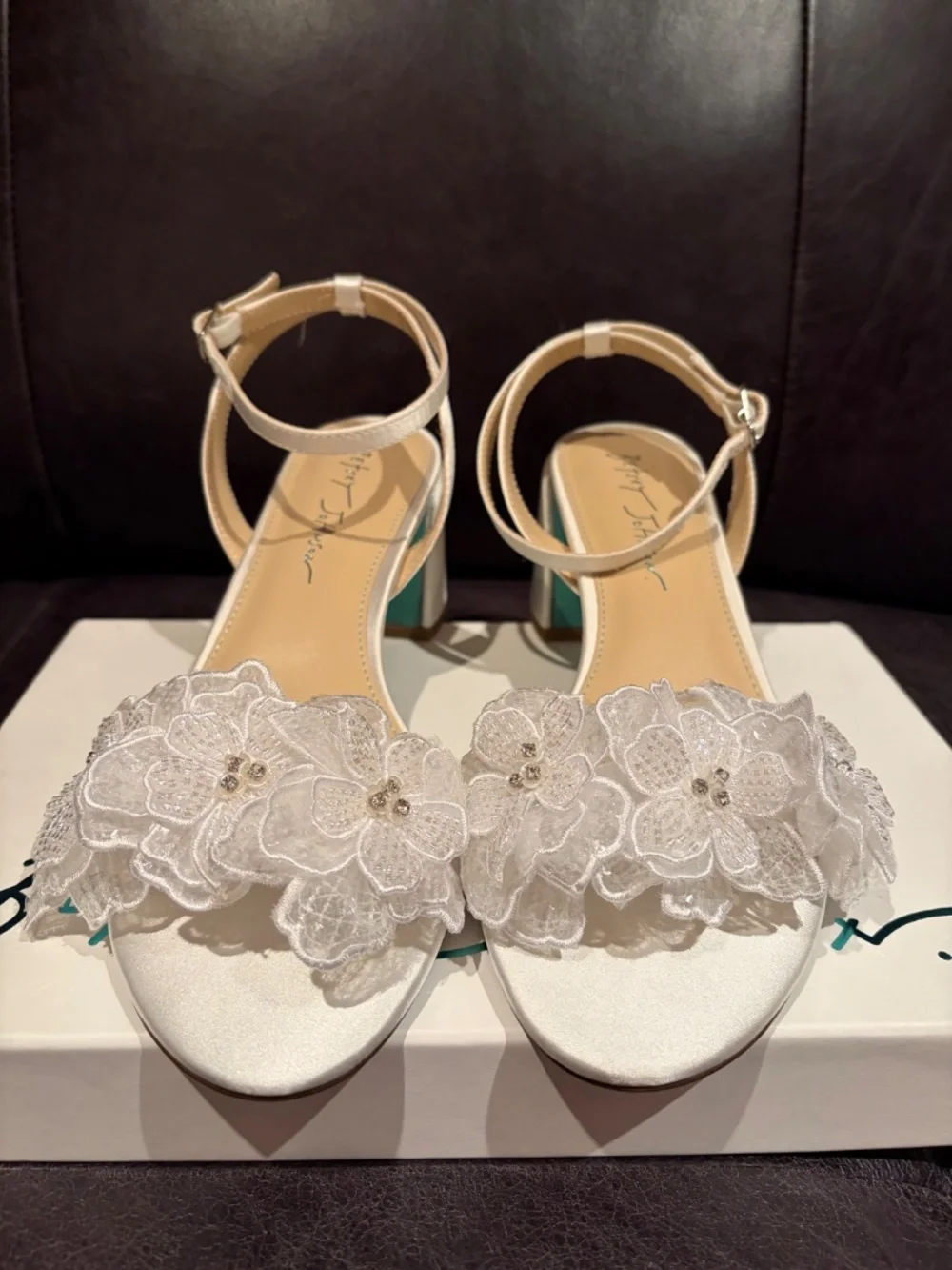 Betsey Johnson White Floral Appliqué Ankle-Strap Sandals